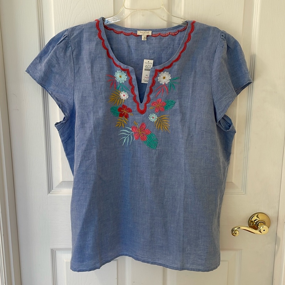 Short sleeve embroidered linen shirt